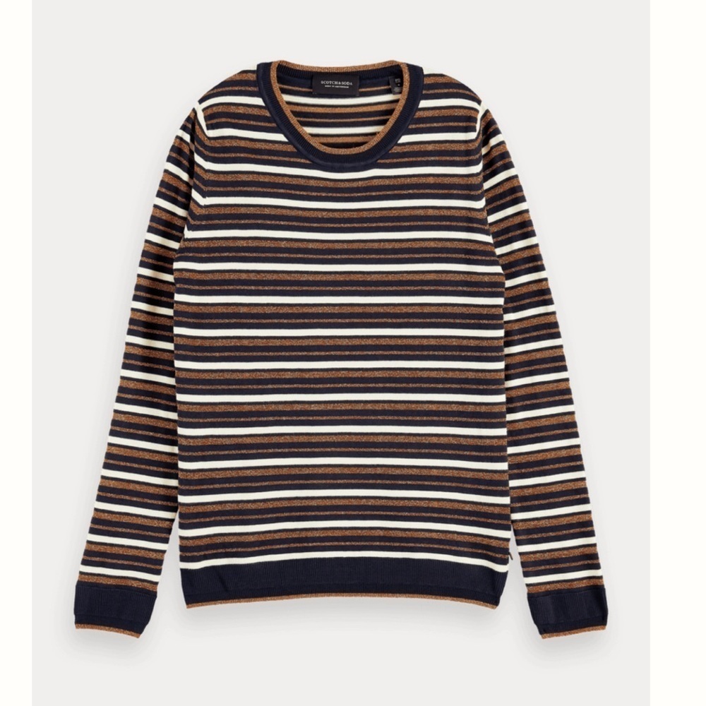 Scotch & Soda Navy Gold Metallic Striped Sweater, size medium